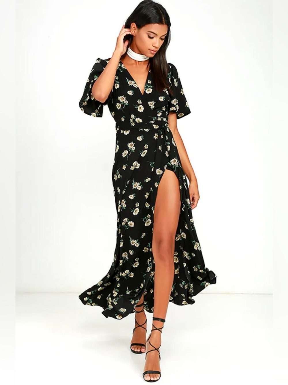 Lulus S Italian garden tie belt wrap dress black tan floral maxi high low vneck